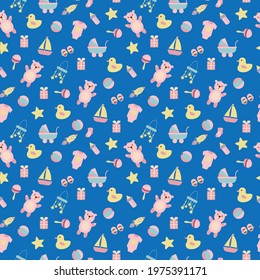 Baby pattern with child's toys, objects. Seamless pattern with baby things. Design for fabrics, textiles, wallpaper, packaging, children's room decoration.