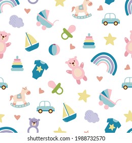 Baby pattern with child's toys, objects. Seamless pattern with baby things. Design for fabrics, textiles, wallpaper, packaging, children's room decoration.