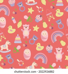 Baby pattern with child's toys, objects. Seamless pattern with baby things. Design for fabrics, textiles, wallpaper, packaging, children's room decoration.	
