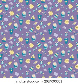 Baby pattern with child's toys, objects. Seamless pattern with baby things. Design for fabrics, textiles, wallpaper, packaging, children's room decoration.	
