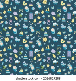Baby pattern with child's toys, objects. Seamless pattern with baby things. Design for fabrics, textiles, wallpaper, packaging, children's room decoration.	