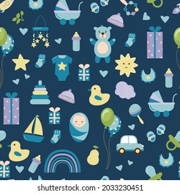 Baby pattern with child's toys, objects. Seamless pattern with baby things. Design for fabrics, textiles, wallpaper, packaging, children's room decoration.	
