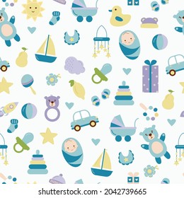 Baby pattern with child's toys, objects. Seamless pattern with baby things. Design for fabrics, textiles, wallpaper, packaging, children's room decoration.	
