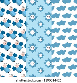 Baby pattern collection with clouds, angels and suns. Perfect for wallpaper, gift paper, pattern fills, web page background, spring and summer greeting cards. Vector Illustration.