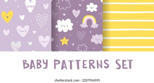 Baby pattern collection. Cute seamless purple vector prints set. Romantic girly patterns.