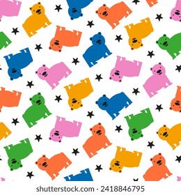 Baby pattern with cute animal. Bright bears on white background for fabric seamless infant print in the style of the 60s, 70s. Kind cartoon teddy bear. Adorable nursery wallpaper. Kindergarten decor.