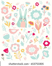 Baby pattern with cute bunny and flowers