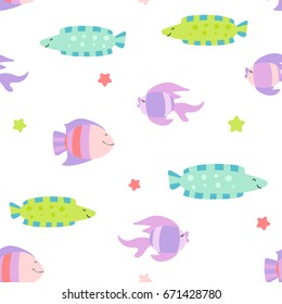 baby pattern of cute fish and stars - seamless marine vector