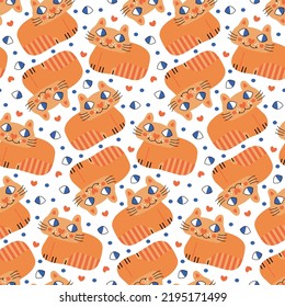Baby pattern with cute ginger cats. Orange animal on white background for seamless kids wallpaper. Charming cartoon eyed pet. Striped red kitty for print of children's fabric, infant textile, apparel.