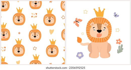 Baby pattern with cute lion cub, childish seamless pattern. For baby clothes, fabrics, wallpapers, wrapping paper, textiles, T-shirt prints. Hand-drawn vector graphics.