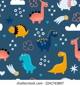 Baby pattern with dinosaurs. Vector hand-drawn colored seamless repeating baby pattern with cute dinosaurs in Scandinavian style. Cute baby animals.