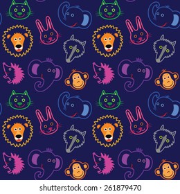 Baby pattern with faces animals, the contours on a dark blue background