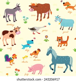 Baby  pattern with farm animals, on a light background. Cartoon texture