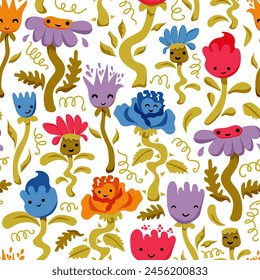 Baby pattern. Floral background.  Doodle cute flowers characters. Perfect for  wrapping paper, printing on the fabric, design package and cover for kids. Vector