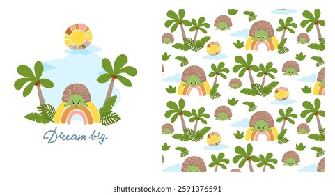 Baby pattern with funny turtle sitting on rainbow, greeting card for baby shower. Seamless animal background, cute vector texture for baby bedding, fabric, wallpaper, wrapping paper, textile, t-shirt 