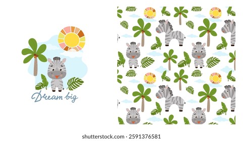 Baby pattern with funny zebra standing under palm tree, baby shower greeting card. Seamless animal background, cute vector texture for baby bedding, fabric, wallpaper, wrapping paper, textile, t-shirt