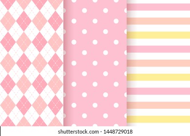 Baby pattern. Baby girl seamless background. Vector. Pink pastel childish texture. Cute geometric textile print for invitation, invite template, card, birth party, scrapbook. Flat design illustration.