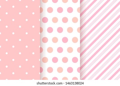Baby pattern. Baby girl seamless background. Kids textile print. Vector. Pink pastel geometric texture. Cute childish backdrop with polka dots, diagonal stripes. Flat design. Modern illustration.