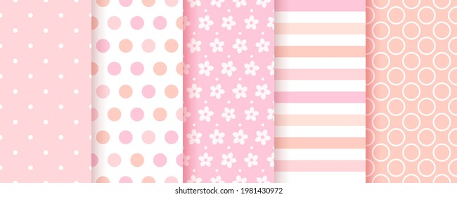 Baby pattern. Baby girl seamless background. Pink textile print. Vector. Set of kids pastel geometric textures. Cute childish backdrop with polka dots, stripes and flowers. Modern illustration.