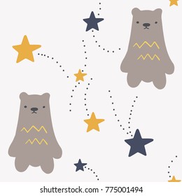 Baby pattern with hand drawn bears and stars. Scandinavian style design. Vector background image for fabric, textile, scrapbook, baby shower, gift wrapping paper