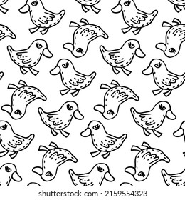 Baby pattern with hand drawn bird ducks. Seamless texture for children's fabrics print. Black and white doodle farm animal. Poultry picture for fun kids ranch design. Outline vector nice illustration.