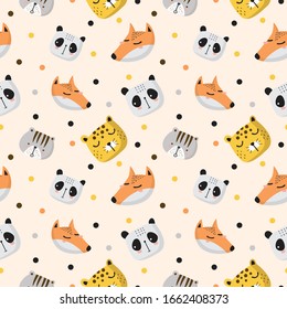 Baby pattern with head of panda,leopard,fox and cat in the soft backdrop