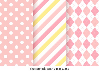 Baby pattern. Kids seamless textile print. Pink pastel background. Vector. Baby girl geometric texture. Cute childish backdrop with polka dots, stripe, rhombus. Flat design. Modern illustration.