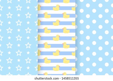 Baby pattern. Kids seamless textile print. Blue pastel background. Vector. Baby boy geometric texture. Cute childish backdrop polka dots, duck, stripes, star. Flat design. Modern illustration.  