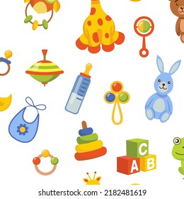 Baby pattern. Kids toys print texture. Ornament boy or girl elements. Pacifier and rattle. Toddlers accessories. Newborn gift. Child birthday. Plush animals. Vector seamless background