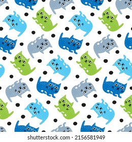 Baby pattern with kittens. Infant print with cats for fabric print of newborn babies. Cartoon pets for baby shower holiday designs for stationery cover, nursery wallpaper. Kindergarten animal picture.