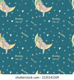 Babymuster koala in einer Mütze schläft auf dunklem Hintergrund