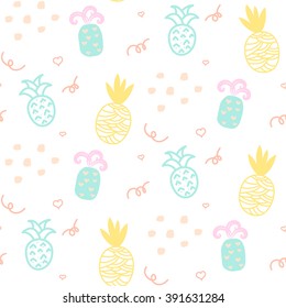 Baby pattern pastel pineapple seamless design. Nursery kid background for bed linen and apparel. Ananas yellow and mint fun pattern.