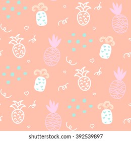 Baby pattern pastel pineapple seamless design. Nursery kid background for bed linen and apparel. Ananas white and pink fun pattern.