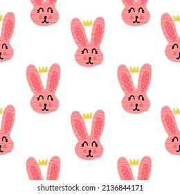 baby pattern with a pink bunny with a crown on a white background in a hand-drawn style
