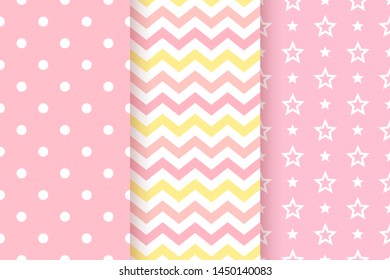 Baby pattern. Pink seamless background. Vector. Cute geometric textile print. Baby girl pastel childish texture for invitation, invite template, card, birth party, scrapbook. Flat design illustration.