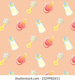Baby pattern for print soother pacifier and toy rattle newborn set for print on a paper or fabriс, textile, childhood vector illustration