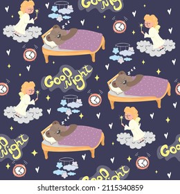 Baby pattern seamless. The bear sleeps in the bed. Angel in the clouds Vector stock illustration. Nightlight. Dark background. Children's. Design for wallpaper and fabric