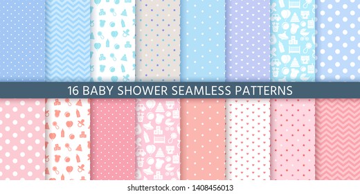 Baby pattern seamless. Baby girl and boy shower backgrounds. Vector. Set blue pink pastel patterns for invitation, invite templates, cards, birth party, scrapbook. Color illustration.