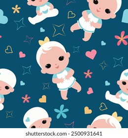 Baby pattern. Seamless pattern with baby, hearts, stars and flowers. Children's pattern for printing	
