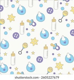 Baby pattern, star, bottle, rattle, bib, button, baby toys