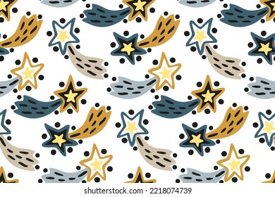 Baby pattern with tailed stars. Starry print with hand-drawn cartoon comet in night sky. Funny seamless texture for nursery wallpaper in scandinavian style. Children's vector illustration by freehand.