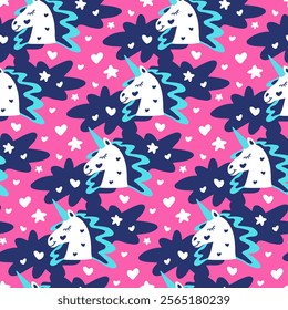 Baby pattern with unicorn. Cute pony horses sleep sweetly on bright pink neon background. Seamless print with adorable head of magical animal, heart for design children's textile product, nice fabric.