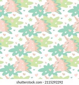 Baby pattern with unicorns. Cute pony horses sleep sweetly on white background of colored clouds. Seamless print with adorable head of magical animal, nice heart for design children's textile product.