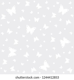Baby pattern, white butterflies on grey background