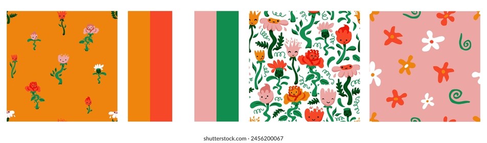 Patrones de bebé establecidos. Fondos florales y de rayas. Doodle lindos personajes de flores. Perfecto para envolver papel, imprimir en la tela, paquete de diseño y cubierta para niños. Vector