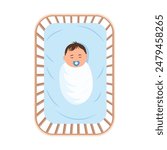 A baby peacefully sleeping in a crib. Top view.  The child, has a gentle smile on its face.Concept of baby comfort sleep. Vector illustration 