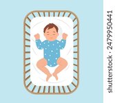 A baby peacefully sleeping in a crib. Top view.  The child, has a gentle smile on its face.Concept of baby comfort sleep. Vector illustration 