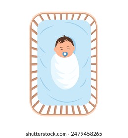 Ein Baby, das friedlich in einer Krippe schläft. Draufsicht.  Das Kind, hat ein sanftes Lächeln auf dem Gesicht. Konzept der Baby-Komfort-Schlaf. Vektorillustration 