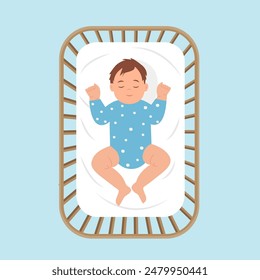 A baby peacefully sleeping in a crib. Top view.  The child, has a gentle smile on its face.Concept of baby comfort sleep. Vector illustration 
