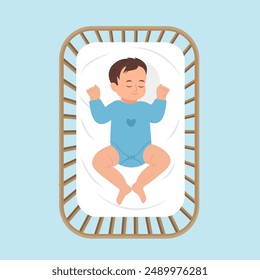 Ein Baby, das friedlich in einer Krippe schläft. Draufsicht.  Das Kind, hat ein sanftes Lächeln auf dem Gesicht. Konzept der Baby-Komfort-Schlaf. Vektorillustration 